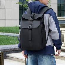 卷口休闲背包，户外旅行卷盖背包，通勤包 - 黑色 - 查看 1