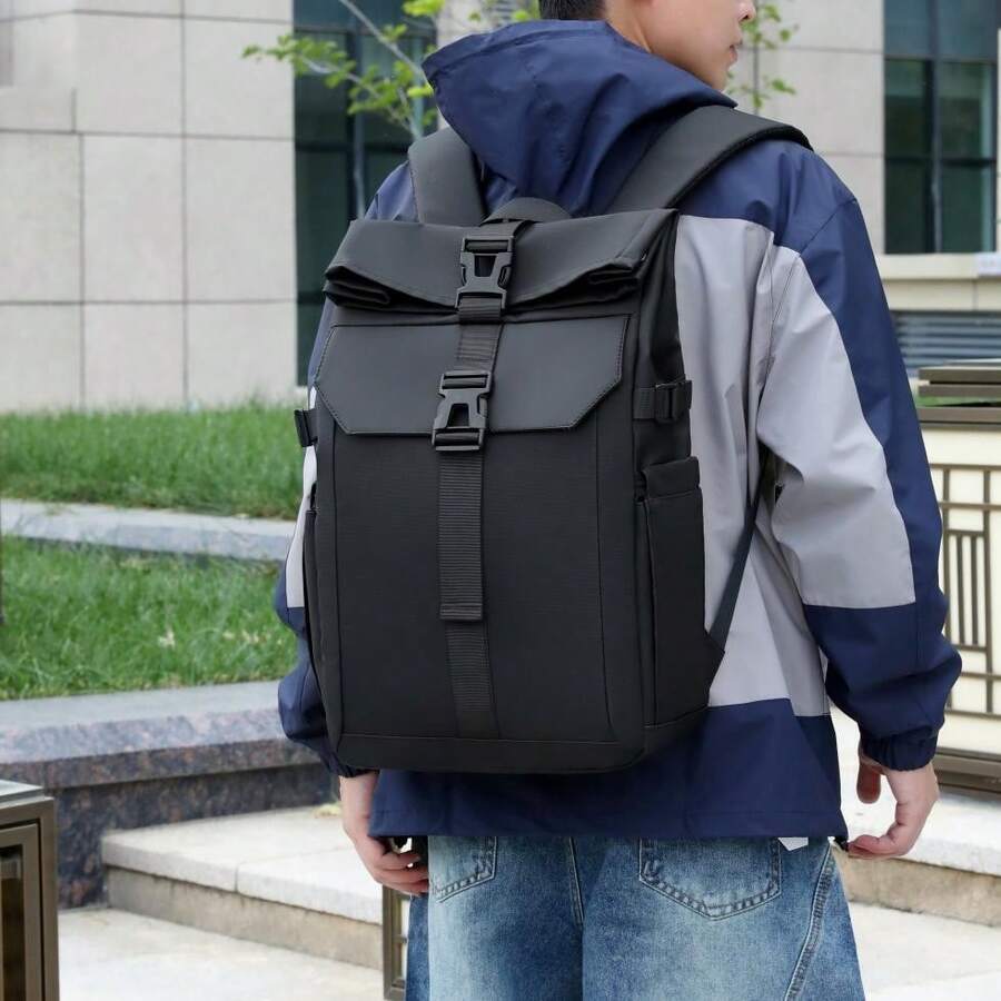 卷口休闲背包，户外旅行卷盖背包，通勤包 - 黑色 - 查看 1