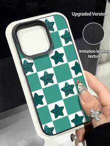 1个时尚绿色格子星形荔枝纹理防摔防滑软手机壳，兼容苹果手机国际版，非国内版 - 彩色 - 查看 1
