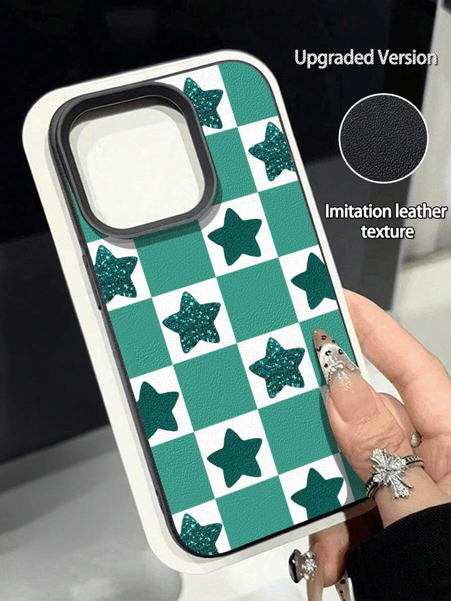 1个时尚绿色格子星形荔枝纹理防摔防滑软手机壳，兼容苹果手机国际版，非国内版 - 彩色 - 查看 1