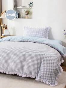 舒适2/3件套花卉蕾丝边纯色格子柔软床上用品组合。套装包含：1件花卉蕾丝被套 + 1/2件花卉蕾丝枕套（不含被芯和枕芯），隐形拉链，4个角带系带。适用于卧室、宿舍、旅行酒店，四季皆宜。 - 淺藍色 - 查看 11