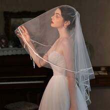 1pc Simple Satin Ribbon Bridal Veil With Double-Layer Bow - Super Fairy-Tale Wedding Registration And Photo Prop - A Wedding Nourishment For Brides Saying Goodbye To Single Lifehen Party Suppliesbride - View 3
