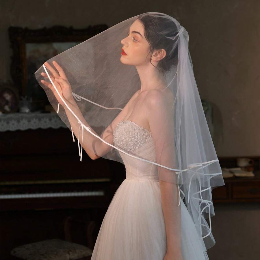 1件簡約緞面絲帶新娘面紗配雙層蝴蝶結 - 超仙童話風婚禮登記與拍照道具 - 新娘告別單身派對用品