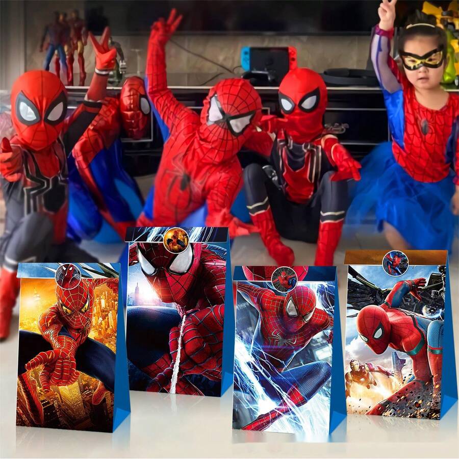 12pcs Marvel Avengers: Spider Man Gift Candy, Kraft Paper Flat Mouth Bag, 12 Pieces, Send Candy, Give Gifts, Holiday Supplies - Multicolor - View 1