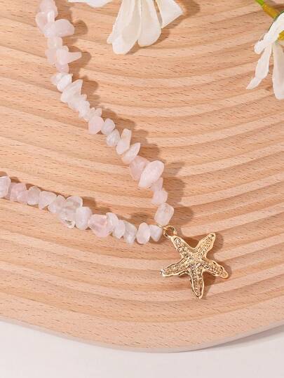 1pc Beach Vacation Style Pink Asymmetrical Natural Stone Beaded Starfish Pendant Necklace, Suitable For Women's Daily, Vacation, Party Wear, Jewelry For All Seasons (Stone Size & Color Random)