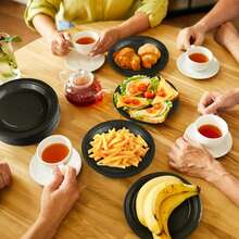 7-Inch + 9-Inch Luxury Black Round Paper Plate Set, Wedding Dessert & Main Course Serving Platter, Birthday Party Cake Plate, Anniversary Banquet Serving Tray, Business Tea Break Buffet Plate, Holiday Gathering Dining Plate, Steak & Pasta Plate, Afternoon Tea Snack Plate, Elegant Black Dinnerware - Black - View 4