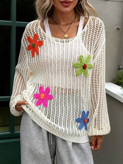 大码纯色休闲圆领镂空撞色针织上衣度假装