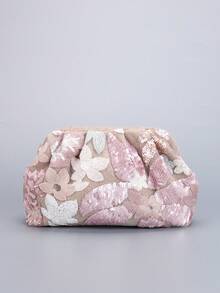 1件女士亮片印花褶皱时尚晚宴包，甜美假日风格手拿包，适合宴会、派对、休闲，时尚女士必备。 - 粉色 - 查看 7