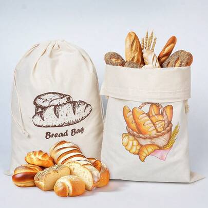 1pc Bread Pattern Drawstring Bread Bag, 11.81x15.75inch New French Bread Storage Bag, Reusable Bread Bag, Picnic Bread Bag, Multiple Pattern Options