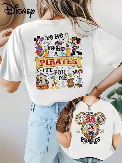 Disney Loose Fit "YO HO HO A PIRATE'S LIFE FOR ME" Mickey Minnie Pirate Style Front And Back Printed T-Shirt, Suitable For Summer And Spring, Short Sleeved Tops, Women's Clothing, Holiday Gift Party Clothing.