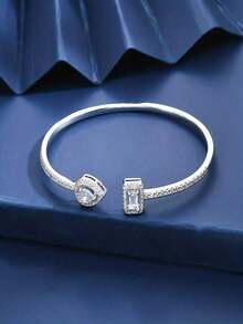 1pc Fashion Square Cubic Zirconia Decorative Bangle Bracelet, Blue/Silver Color, Suitable For Women Everyday Wear - Xanh đậm - Xem 5