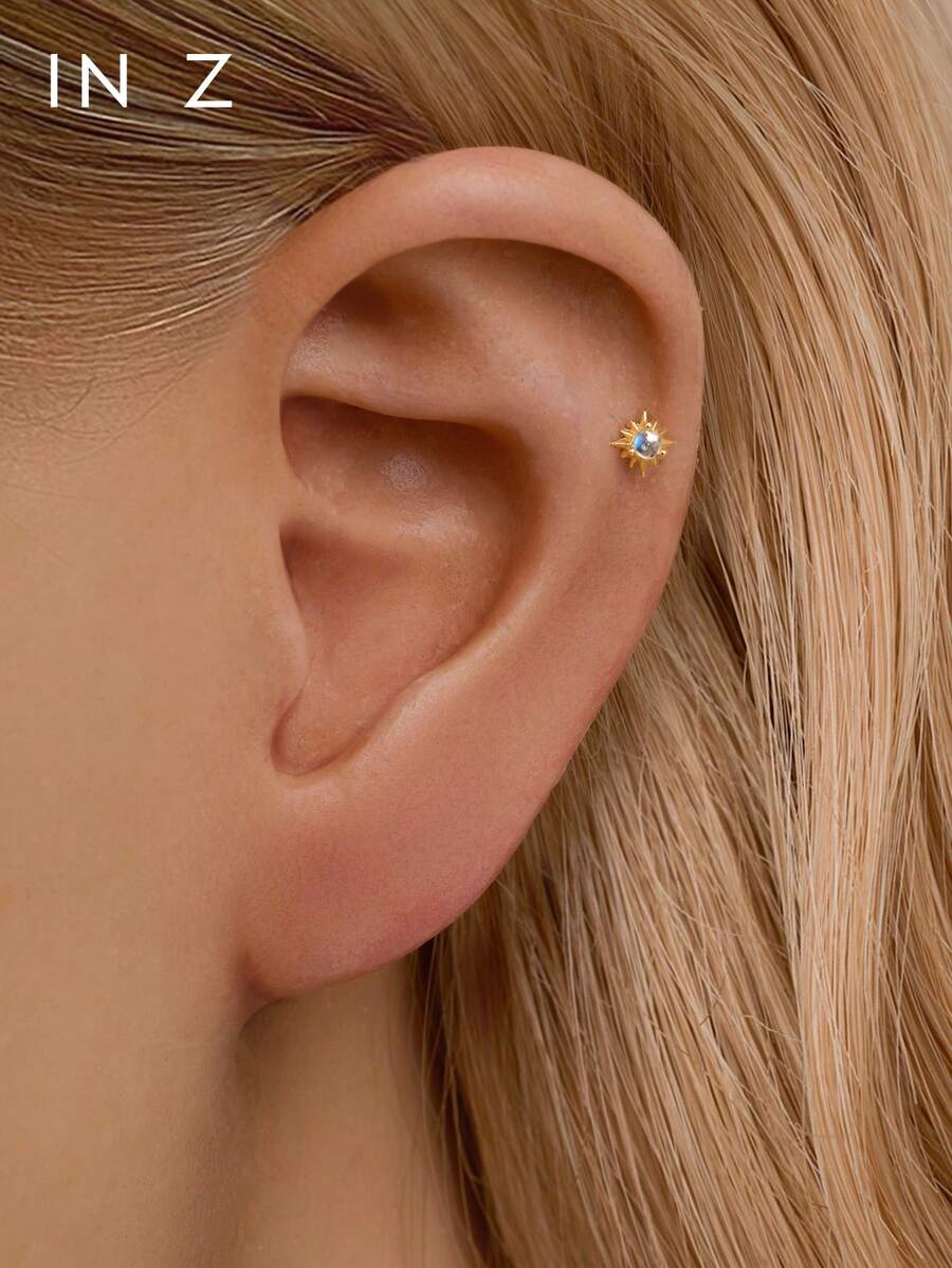 IN Z 1Pc 925 Sterling Silver Pure Natural Moonstone Inlaid With Miniature Sun Flat Back Labret Stud | Tiny Stud Earrings | Stacking Earring | Miniature Sun Earring | 925 Sterling Silver Jewelry | Suitable For Women's Daily Wear | Sold As 1 Piece (Not 1 Pair) - Natural Moonstone Mini Sun Earrings (per Piece) - View 1