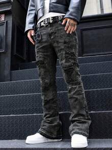 Men's Flared Jeans, Slim Fit Distressed Flare Leg Jeans, Y2K Stacked Jeans, Contrast Wash Embroidered Jeans, Suitable For All Seasons - Black - View 7