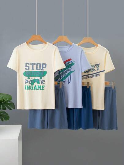 6pcs Set Boys' Lightweight Sleepwear, Printed Cotton Short Sleeve Shorts 6-Piece Pajama Set, Thin Fabric Summer Loungewear For Teenagers