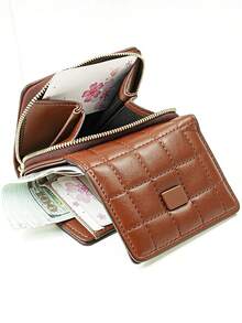 Compact Multi-Function Card Holder Wallet For Women Wallet Mini Wallet Purse Wallet Small Wallet Cute Wallet Money Wallet Travel Essential Summer Checkered - Brown - View 3