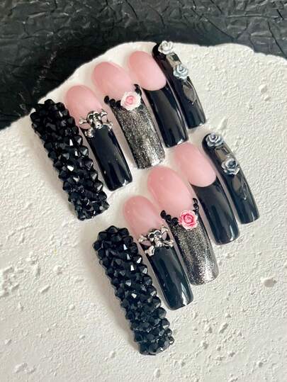10pcs Handmade Pink And Black French Style Long Nail Stickers, Suitable For Parties And Daily Wear, With 3D Rhinestones, Flowers And Toy Gun Patterns, Suitable For Girls, Easy To Apply