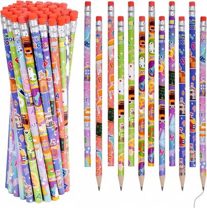 48PCS Wooden Pencils With Erasers Assortment Colorful Novelty Pencils Awards Incentives For Teacher Supplies Giveaways Party Favor 100th Day-2