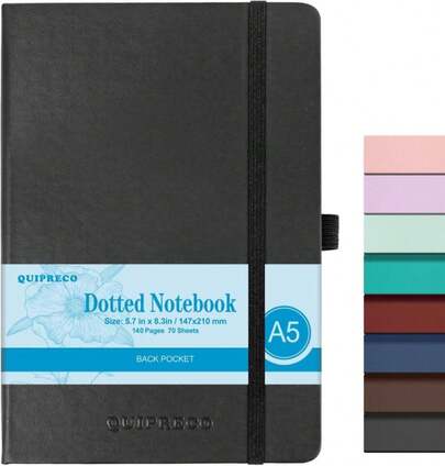 Bullet Dotted Journal Hardcover Notebook, A5 140 Pages 120Gsm Thick Paper For School,Note Taking,Work,Diary,5.7''*8.3'',Black