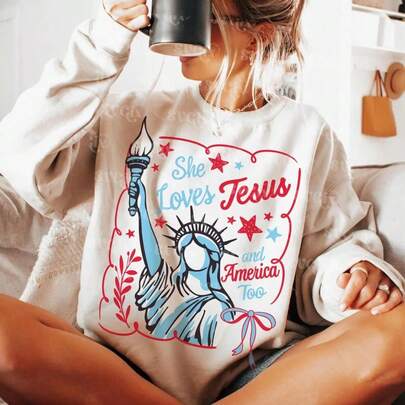 [XL-6XL ]She Loves Jesus And America Too Shirt, 4th July Faith Tee, Christian 4th July, Clean Look, Goes With Anything, Ready To Go, No