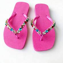 Summer Rhinestone Fashionable Square Toe Thick Sole Flip Flops - Comfortable, Non-Slip, Wear-Resistant Beach Vacation Sandals - Attractive Party Evening Versatile Slippers - Plum Red - View 12