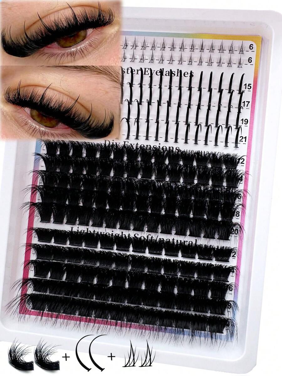 4款漫画风格假睫毛簇，尖头假睫毛，单根睫毛簇，320/310/290/190根装，尖头+下睫毛+160D+200D/60D+80D/80D+100D多款自然妆效，长度6-21mm混合，猫眼浓密水润假睫毛，可重复使用，单根分段式假睫毛，轻盈柔软，在家即可DIY嫁接睫毛