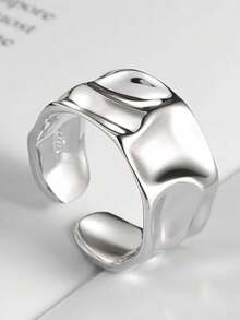 不对称凹凸面宽边女士戒指，镀金/镀银，独特波纹设计开口戒指 - 彩色 - 查看 8