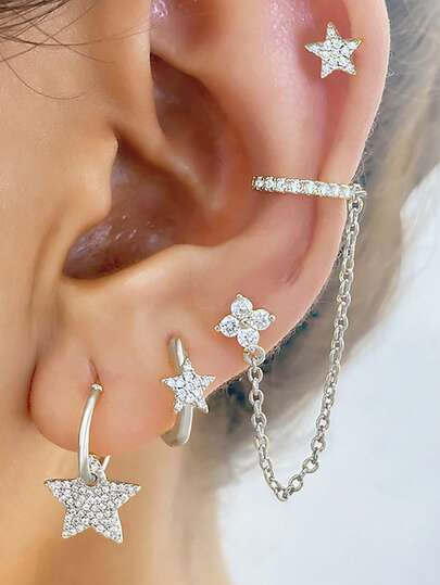 4 st eleganta örhängen med flera våningar för kvinnor, ny design med kubisk zirkonia och blommor, rostfritt stålkedja, örhängen med broskpiercing, smycken