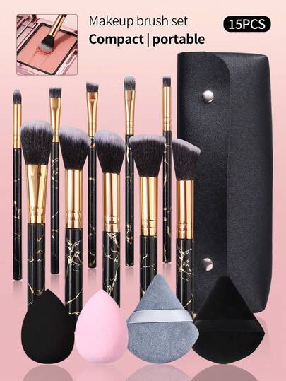 15/10件套黑色化妆套装，包含10支全套化妆刷、1个防尘化妆包、2个粉扑、2个水滴形化妆海绵，化妆工具套装，专业化妆刷，便携易用，适合旅行和居家使用，是初学者和化妆爱好者的理想之选。