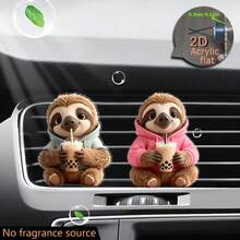 2个2D扁平树懒造型，身穿连帽衫，正在喝珍珠奶茶，可作汽车出风口装饰夹，“不含香料”，配有两片无香海绵垫，“香氛扩散器”，不含香料源，2D亚克力豪华卡通装饰，时尚汽车内饰配件，可自行添加香料 - 樹懶 - 查看 4