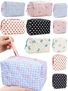 1pc Quilted Bow Makeup Bag, Mini Cosmetic Bag, Women's Minimalist Zipper Travel Pouch, Lipstick Organizer, Portable Travel Toiletry Bag, Large Capacity Cute Wash Bag, Multi-Function Storage Pouch, Sanitary Pad/Tampon Holder, Zipper Wallet, Travel Essentials, Cruise Essentials, Dorm Essentials, Travel Accessories, Home Organizer, Suitable For Home Organization And Outdoor Travel, Business Travel, Beach Vacation - Multicolor - View 1