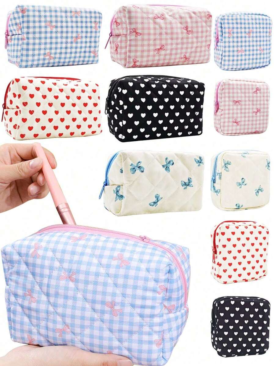 1pc Quilted Bow Makeup Bag, Mini Cosmetic Bag, Women's Minimalist Zipper Travel Pouch, Lipstick Organizer, Portable Travel Toiletry Bag, Large Capacity Cute Wash Bag, Multi-Function Storage Pouch, Sanitary Pad/Tampon Holder, Zipper Wallet, Travel Essentials, Cruise Essentials, Dorm Essentials, Travel Accessories, Home Organizer, Suitable For Home Organization And Outdoor Travel, Business Travel, Beach Vacation - Multicolor - View 1
