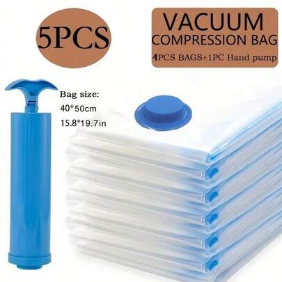 5pcs Extra Large Vacuum Storage Bags Set (40x50cm, With 1 Manual Pump) - Space Saving, Airtight Compression, Dust & Moisture Proof, Suitable For Clothes, Bedding, Dorm, Closet, Moving, Wardrobe Management, Travel