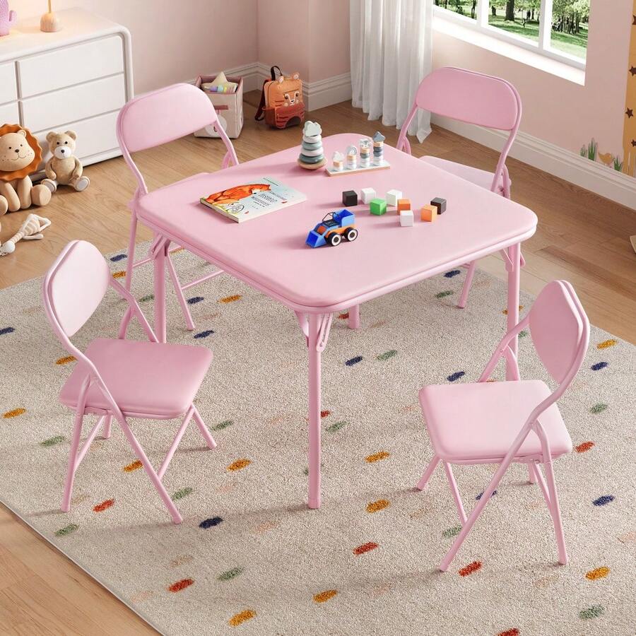 5-Piece  Kids Folding Table And Chairs Set For Daycare And Classrooms, Children's Activity Table And Chairs Set - Pink 1+4 - View 1