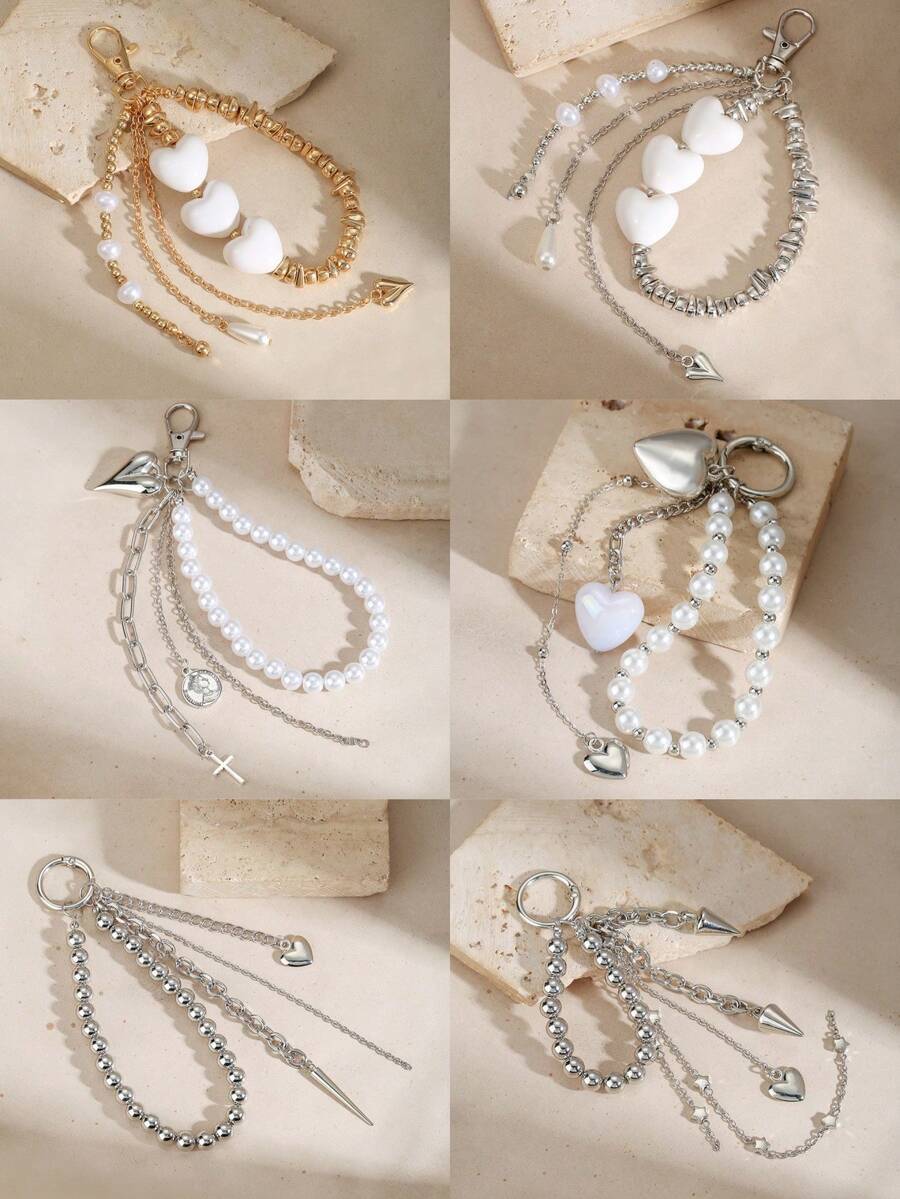 Fashion Contrast Color Faux Pearl CCB Heart Cross Star Keychain, Suitable For Bags, Car Keys, Backpacks, Jeans Accessories, Gift For Friends, Graduation Gift - Multicolor - View 1