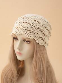 1pc Women's Fashion Hollow Wavy Brim Handmade Crochet Knit Hat, Suitable For Spring, Summer, Autumn Daily Wear - A - View 3