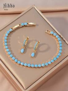 Hihho 3pcs Cubic Zirconia Bridal Jewelry Set, Bride Cubic Zirconia Tennis Bracelet, Ladies Jewelry Set - Blue Earrings, Turquoise Blue Bracelet - Turquoise Blue - View 14