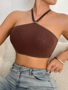 女士罗纹极简吊带针织文胸 - 咖啡棕 - 查看 6