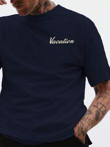 男士热带印花短袖T恤，适合夏季穿着，舒适透气，引领时尚潮流 - 藏蓝色 - 查看 2