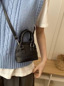 Bolso de mano mini de moda, bolso de concha pequeño de unicolor y textura de litchi versátil y elegante para mujer con correa de hombro ajustable - Negro - Ver 5