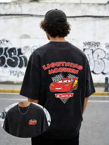 Cars Themed Cartoon T-Shirt, Lightning McQueen Racing Print, Nostalgic Style Racing McQueen T-Shirt, Retro Washed Couple's Short Sleeved Shirt, Cartoon Lightning McQueen Racing Checkerboard Element Loose Unisex, Cars Mobilization McQueen Cartoon T-Shirt, Retro Distressed Men's T-Shirt, McQueen Couple's T-Shirt, Disney Racing Unisex T-Shirt, Disney Casual Style Short Sleeved Shirt, 230G Washed High-Quality Cotton Double-Sided Printed T-Shirt - 黑色 - 查看 2