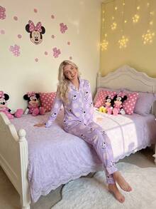 Disney 两件套印花荷叶边休闲长袖上衣和裤子女士睡衣套装 - 紫色 - 查看 4