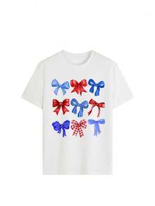 Patriotic Red White Blue Bow Graphic Round Neck T-Shirt - Viral Cute Aesthetic Must-Have, Suitable For July 4th Celebration, Capturing American Holiday Joy And Bow Fashion Ultimate Viral Item - White - View 2