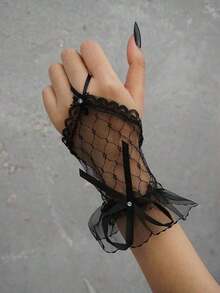 Party 1pair Women & Bow Decor Fashionable Fingerless Gloves Daily Life Halloween Valentine's Day Valentines APXW - Black - View 3