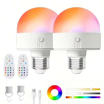 2pcs E26/E27 Rechargeable Light Bulbs, Backup Bulbs For Wall Lamps & Table Lamps, Support Remote Dimming, 15 Color Options, USB Charging, Magnetic Wireless Night Light, Reading Lamp, Suitable For Bedroom, Living Room, Party, Game Room