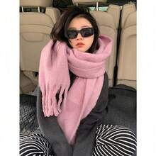 1件装女士秋冬新款毛绒流苏围巾，保暖舒适大披肩，防风保暖，适合户外活动，简约百搭日常佩戴 - 粉色 - 查看 1
