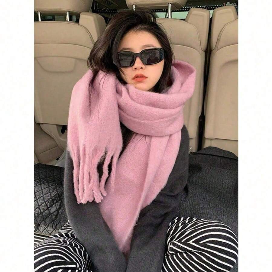 1件装女士秋冬新款毛绒流苏围巾，保暖舒适大披肩，防风保暖，适合户外活动，简约百搭日常佩戴 - 粉色 - 查看 1