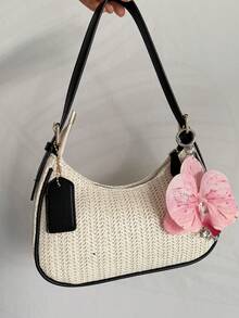 春夏新款编织女士手提包，饰以粉色花卉图案，简约时尚，适合日常通勤和度假，新月形包身，百搭Y2K风格单肩/腋下包。 - 黑色 - 查看 2