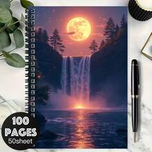 100-Page Dreamy Fantasy Spiral Notebook, Cover Featuring Magnificent Waterfall Under Full Moon, Satisfying Work, Study, And Diary Needs. Ideal For School, Graduation, Birthday Gifts. - L - View 7