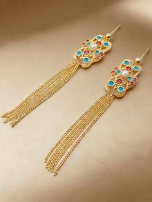 1 Pair French Retro Triangle Earrings, S925 Silver Needle Pearl Mother-Of-Pearl Inlaid Diamond Earrings, Luxury Niche Design Palace Style Gemstone Pearl Gold Triangle Inlaid Diamond Earrings, Elegant And Graceful - Multicolor - View 14