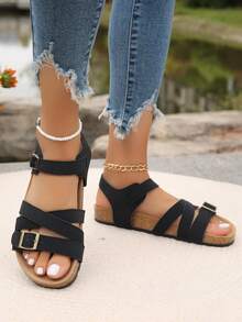 女士时尚舒适大码套脚凉鞋，度假罗马凉鞋，沙滩装，夏季装 - 黑色 - 查看 5